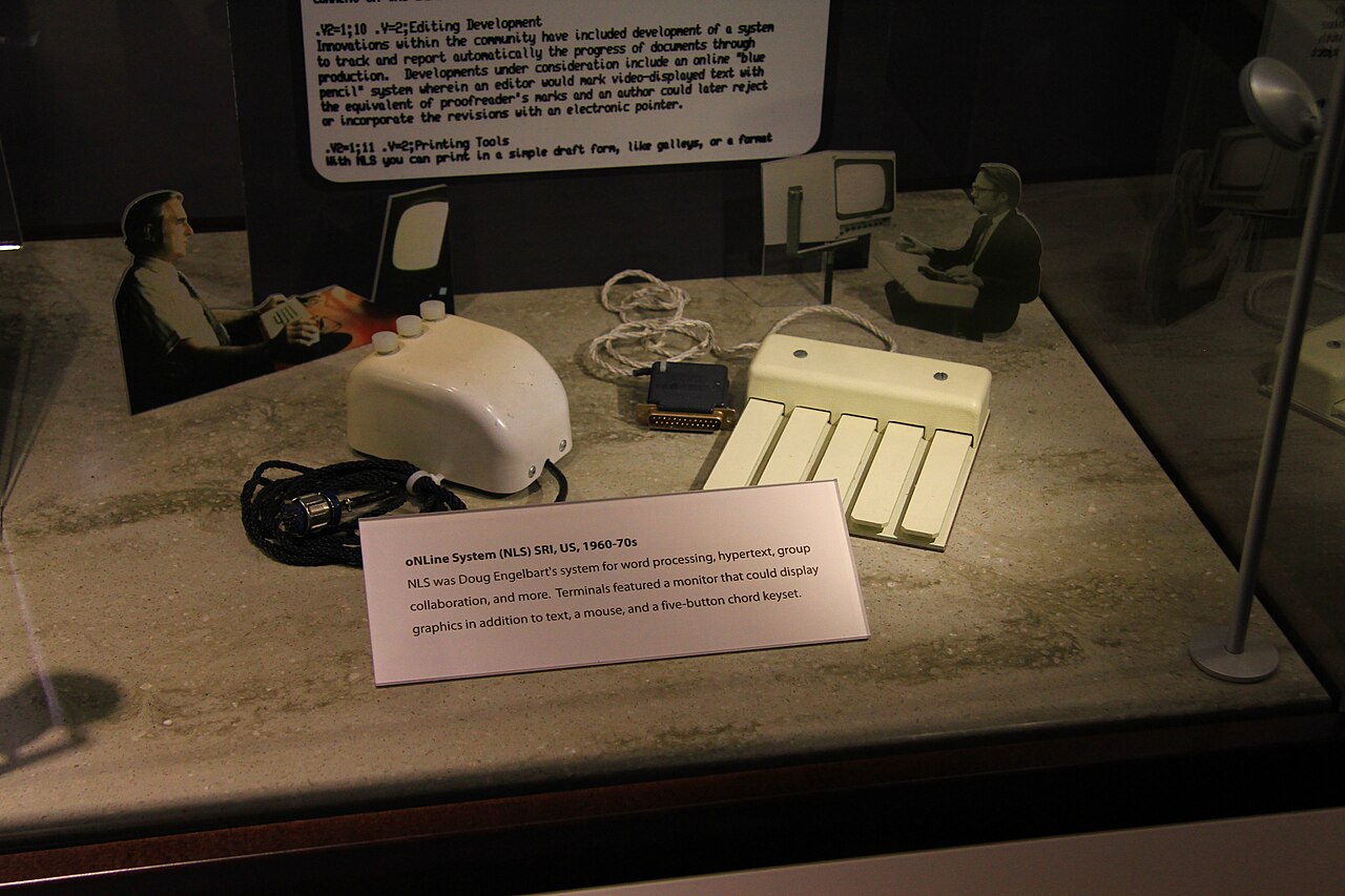 Three-button mouse and chord keyboard apparently from later versions of the from the NLS (oNLine System) previously made famous in Doug Engelbart's "Mother of a
