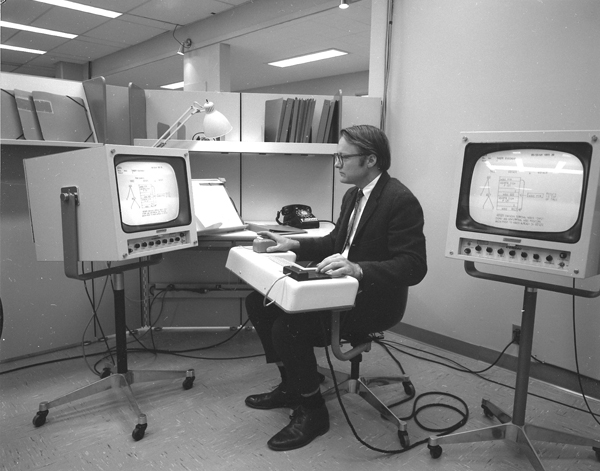 SRI’s Bill English, engineer who built the first computer mouse prototype, prepares for the December 9, 1968 "mother of all demos"